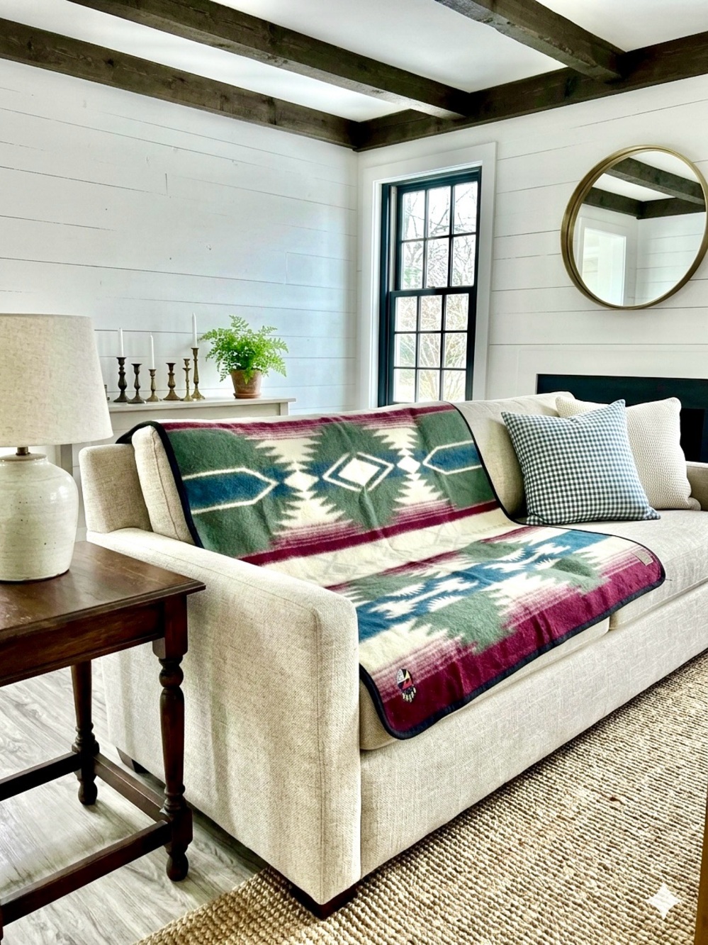 Fleece Southwestern Pattern Throw Blanket in Green, Cream & Burgundy cabin vibe